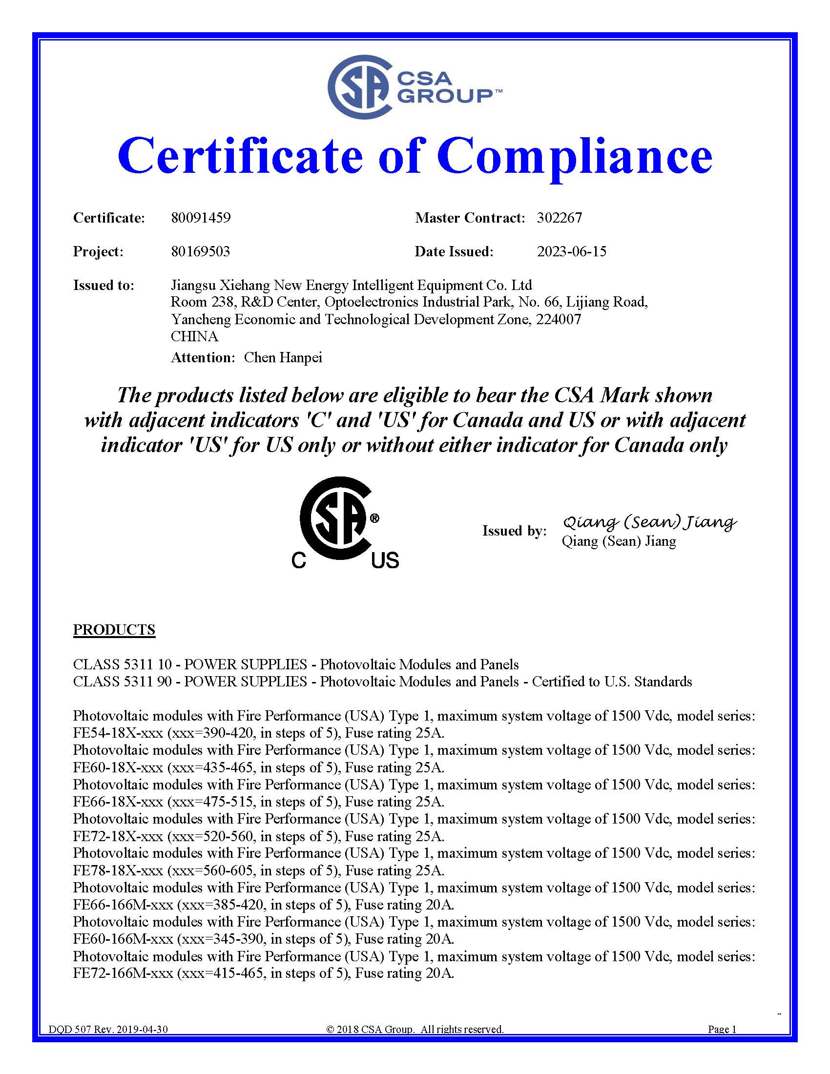Certificate of Compliance - CSA
