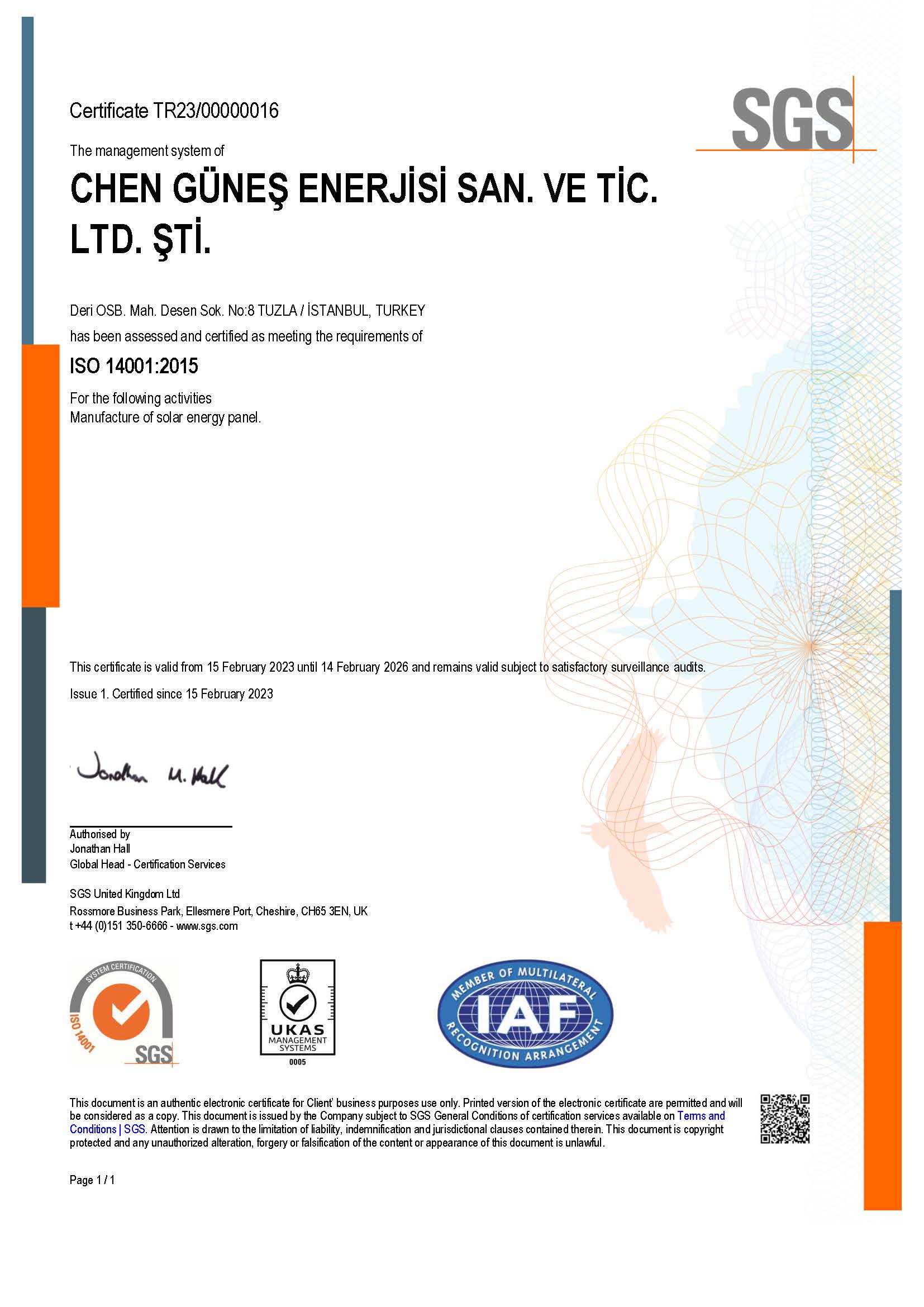 Certificate of Compliance - ISO 14001 2015 UKAS